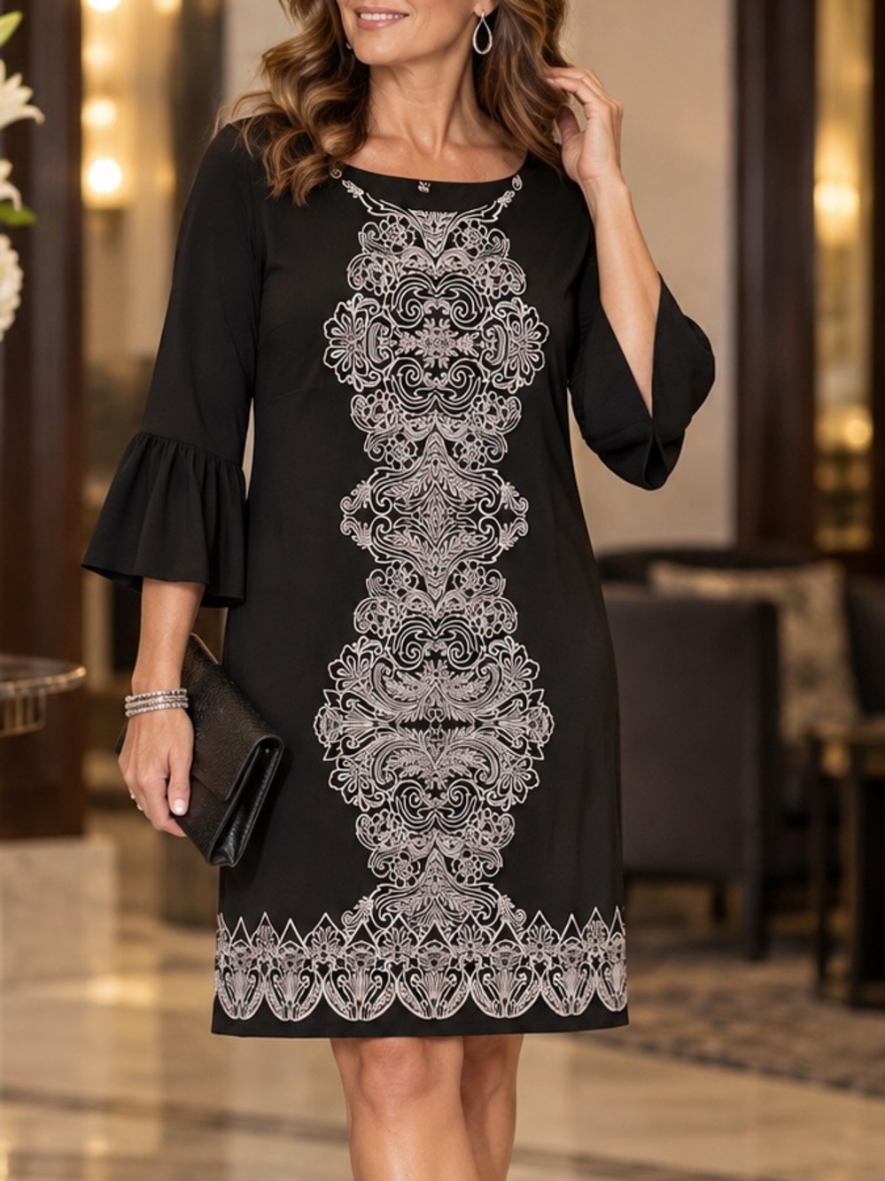 Madison Leigh Black White Scroll Print Bell Sleeve Shift Dress Size 14